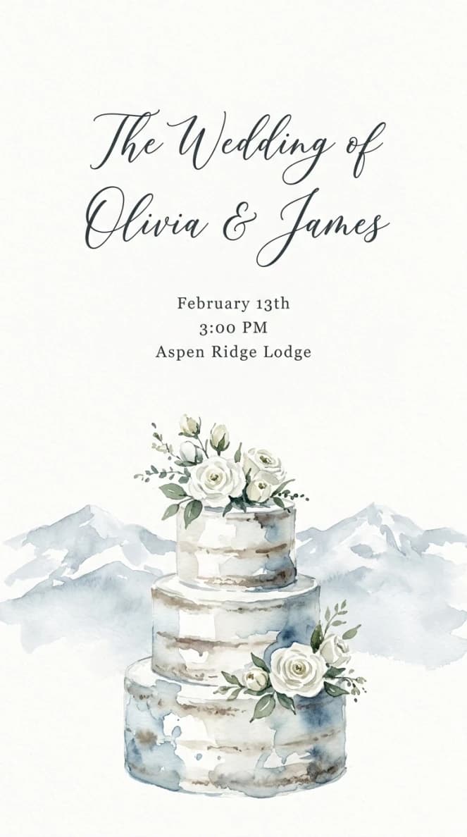 Invitation design: Wedding cake and a snowy mountain
