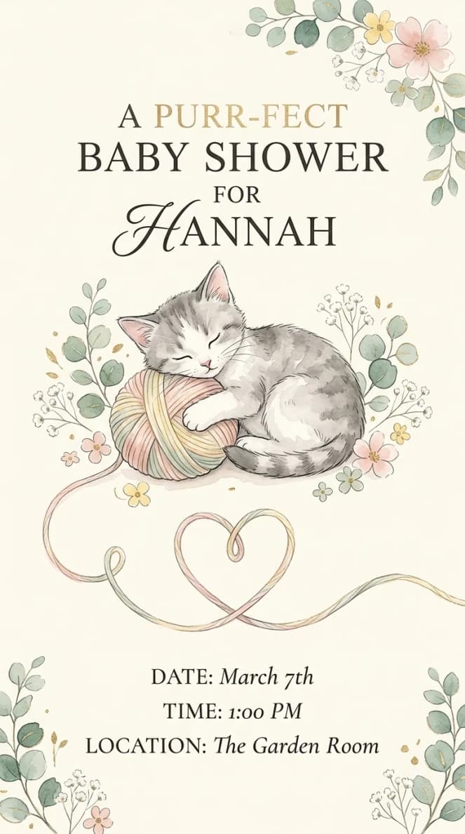 Invitation design: Kitten playing with colorful yarn