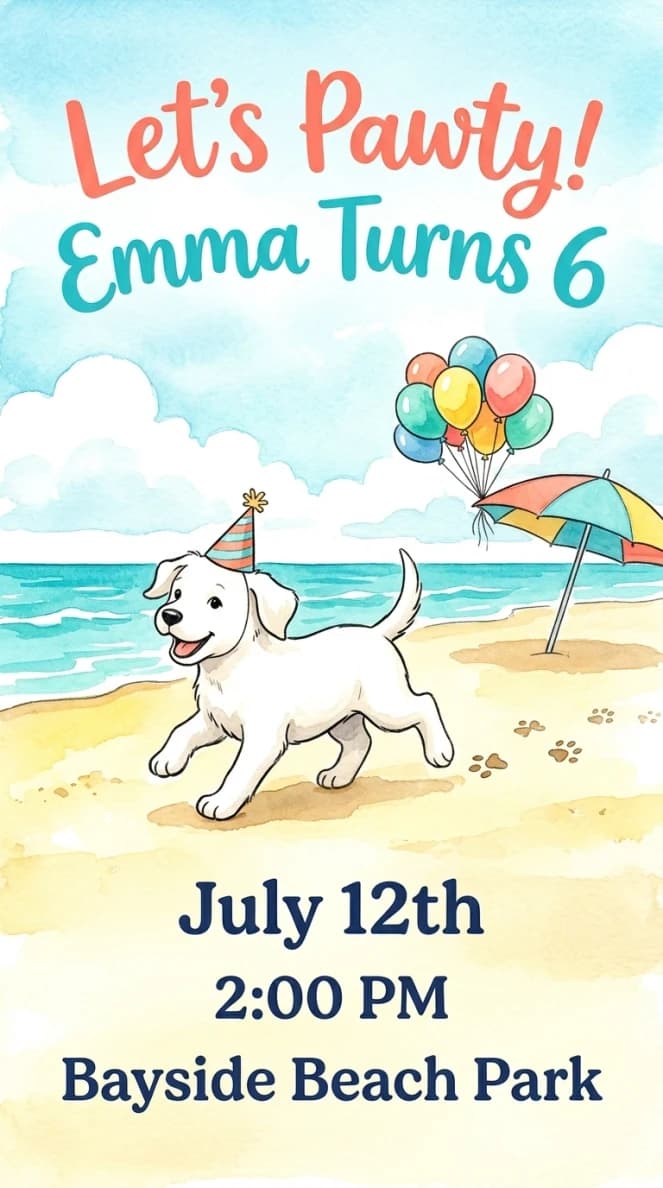 Invitation design: White dog running on a sunny beach