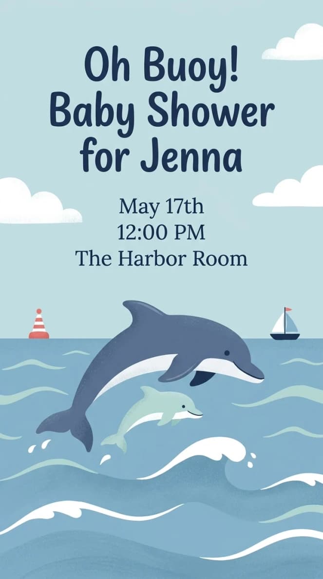 Invitation design: Dolphin with a blue ocean and sky
