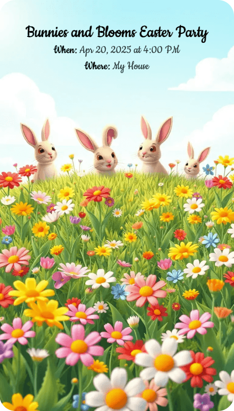 AI-generated invitation artwork for: Bunny in spring flower field