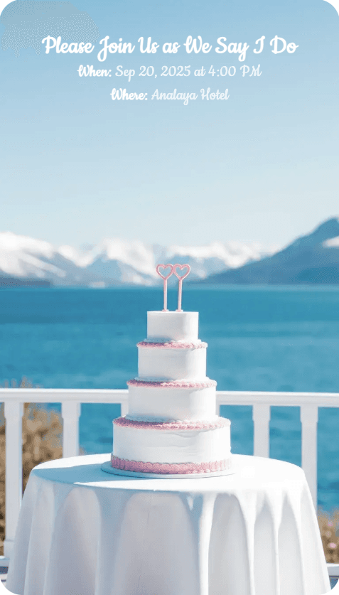 AI-generated invitation artwork for: Wedding cake and a snowy mountain