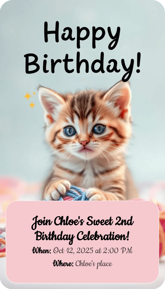 AI-generated invitation artwork for: Kitten playing with colorful yarn