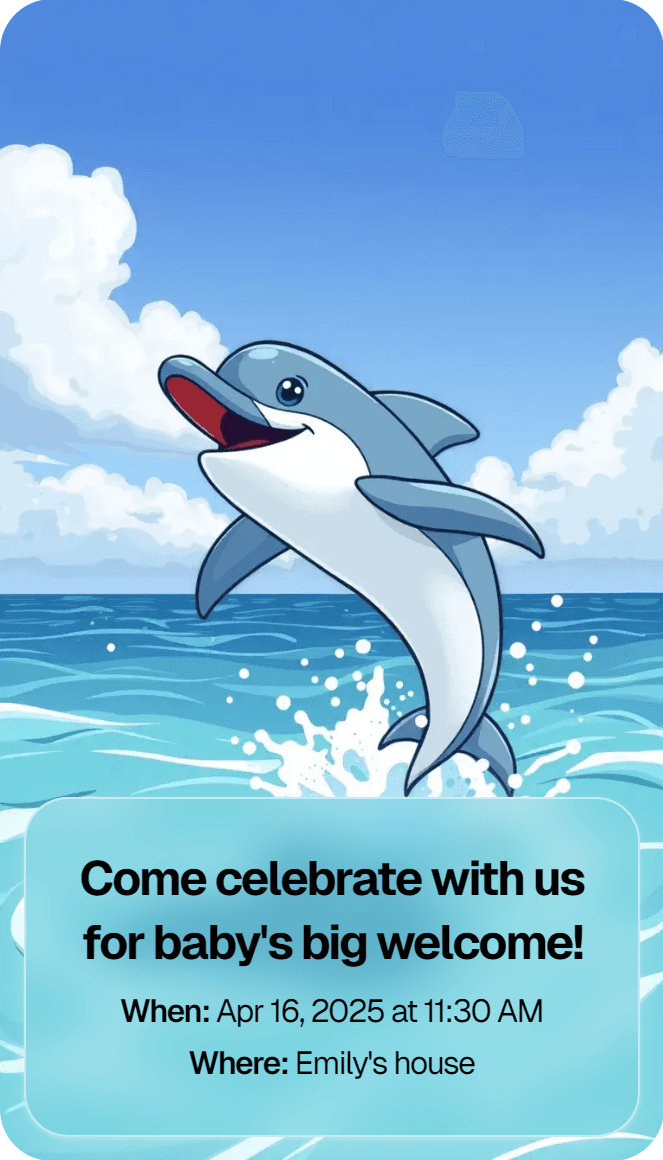 AI-generated invitation artwork for: Dolphin with a blue ocean and sky