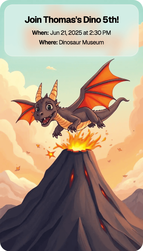 AI-generated invitation artwork for: Dragon flying over a volcano