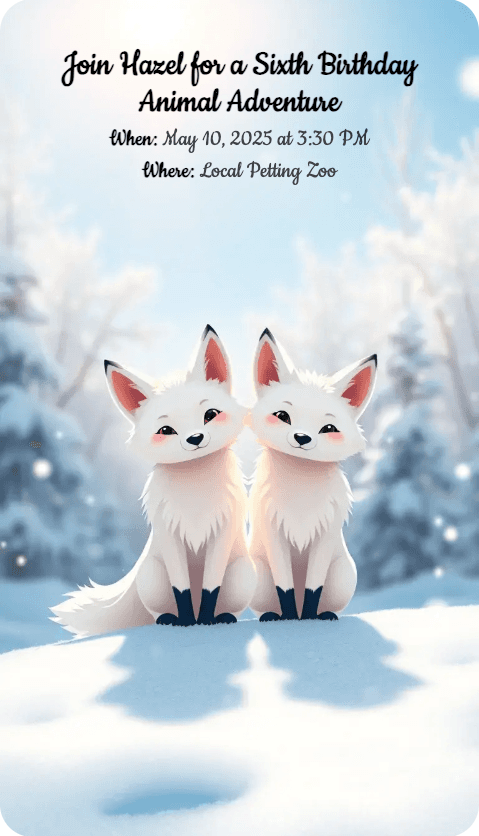 AI-generated invitation artwork for: Two white foxes enjoying the snow