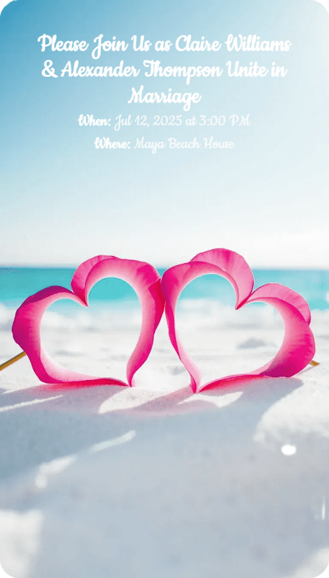 AI-generated invitation artwork for: Petals laying in a heart shape on the beach