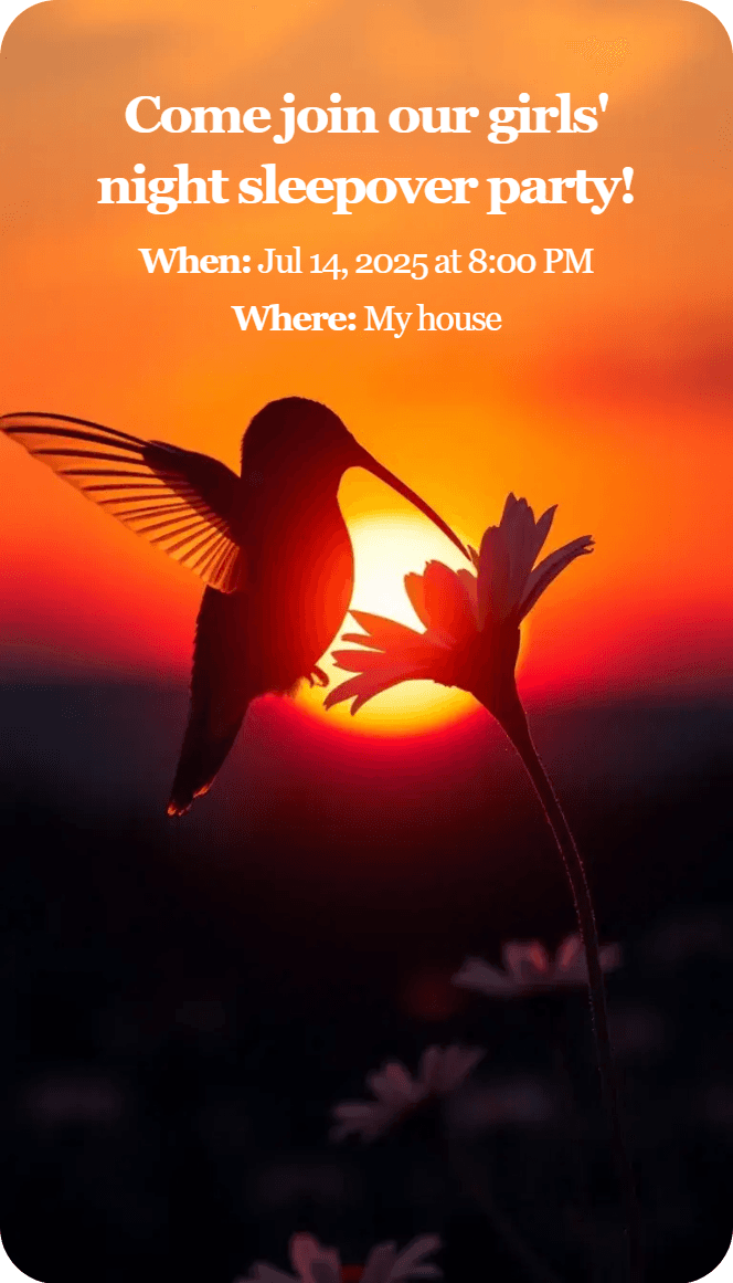 AI-generated invitation artwork for: Hummingbird at a beautiful sunrise
