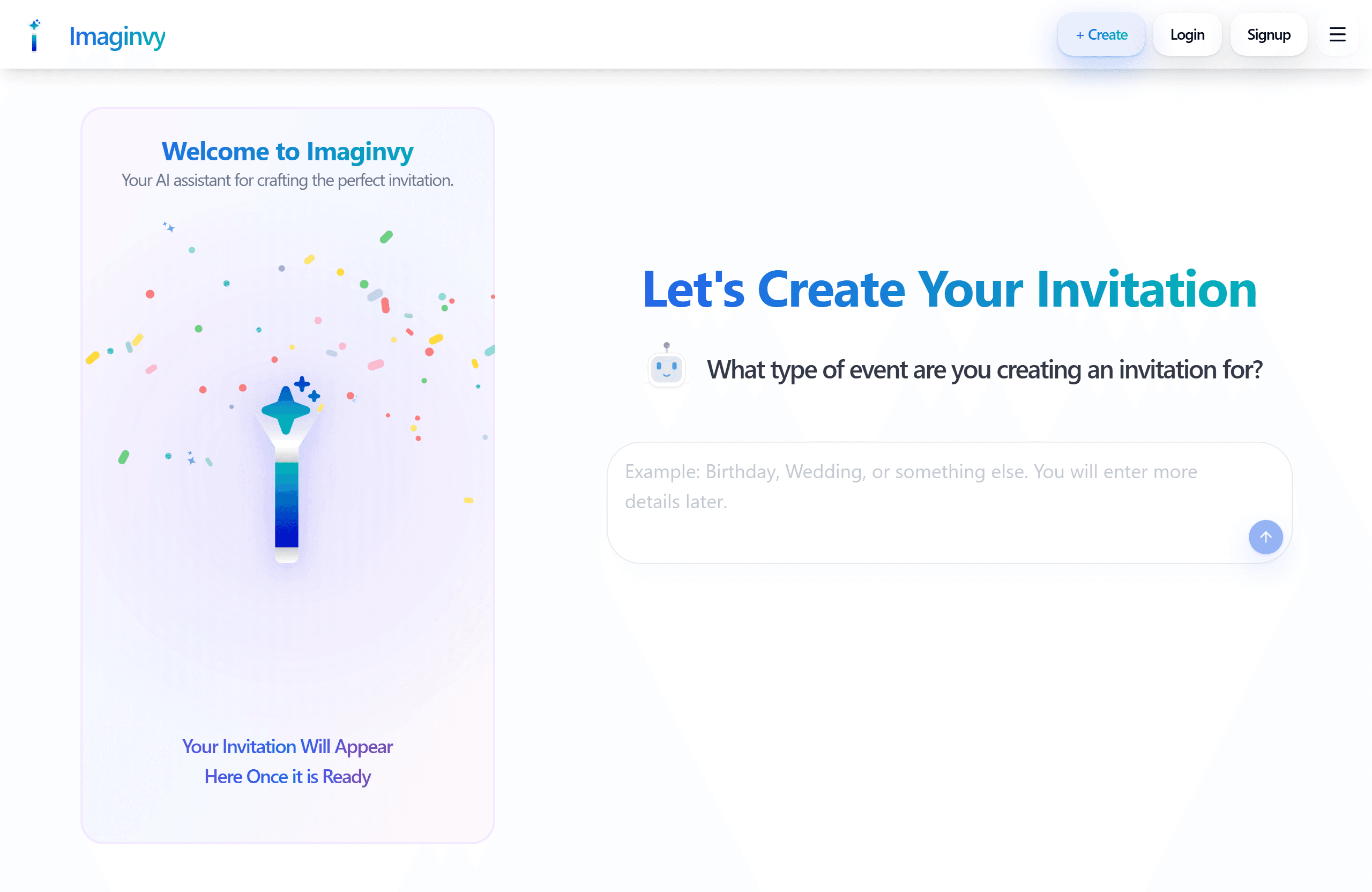 Imaginvy AI invitation maker chat asking what type of event you are creating an invitation for