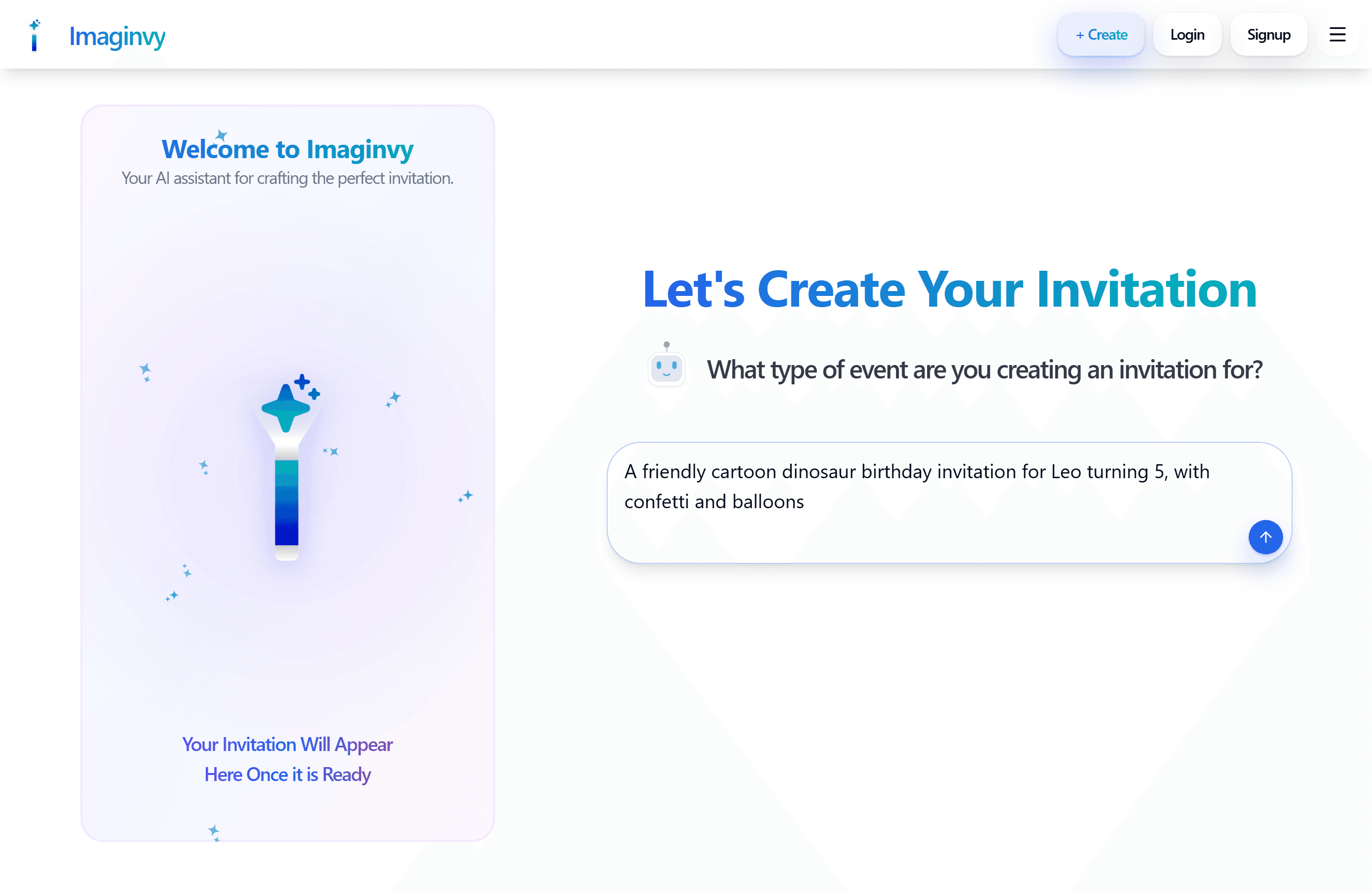 A real invitation prompt typed into the Imaginvy AI chat interface
