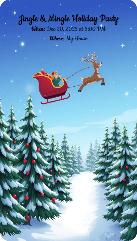 AI-generated invitation artwork for: Reindeer and sleigh flying over snowy forest