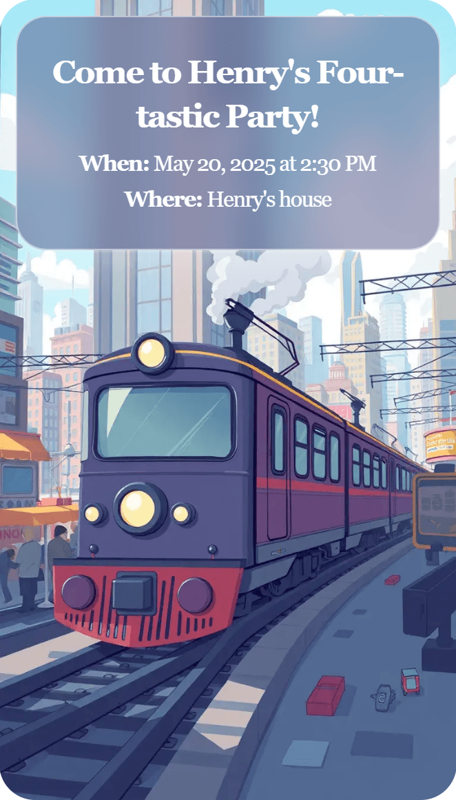AI-generated invitation artwork for: Cartoon-style train going through the city