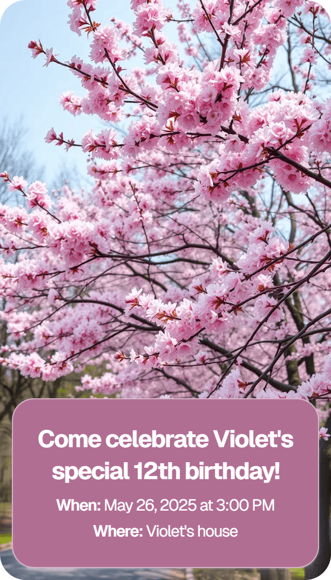 AI-generated invitation artwork for: Sunny day with beautiful blossoming trees