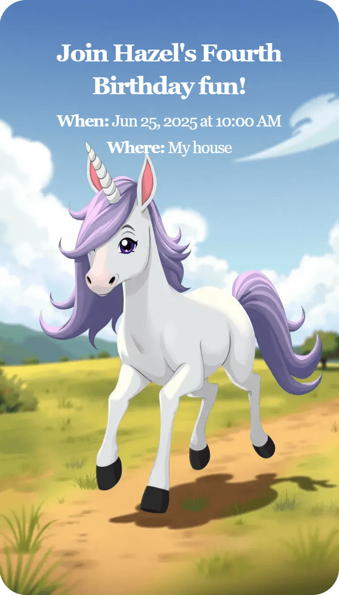 AI-generated invitation artwork for: Pretty unicorn under the summer sky