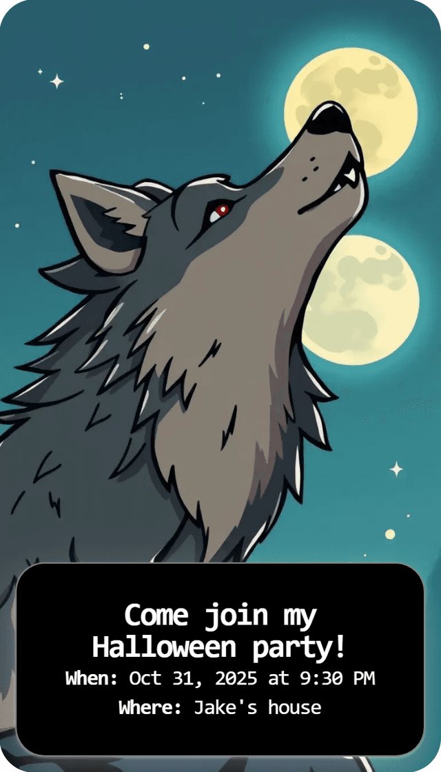Invitation design: Wolf howling under full moon